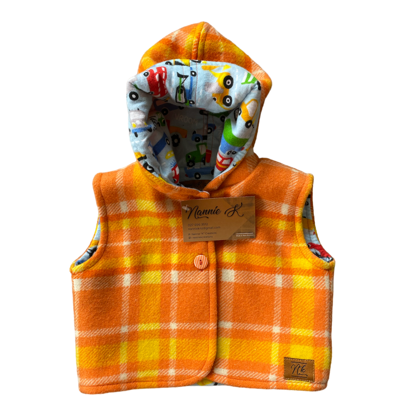 Woollen Baby Vest Orange with Beep! Beep! Cars