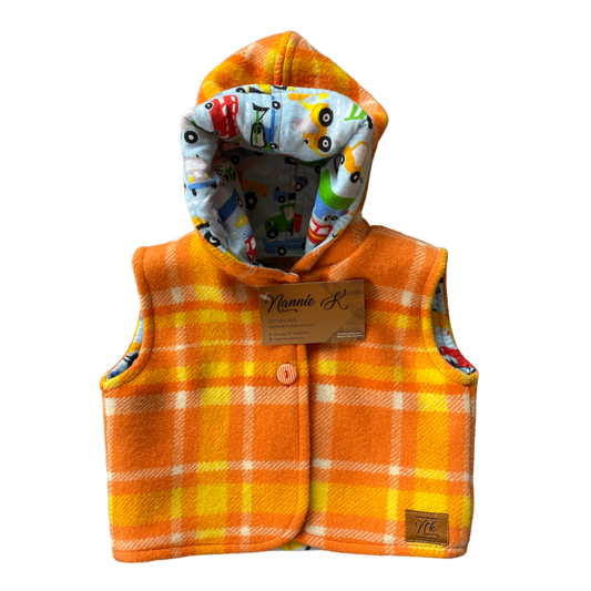 Woollen Baby Vest Orange with Beep! Beep! Cars