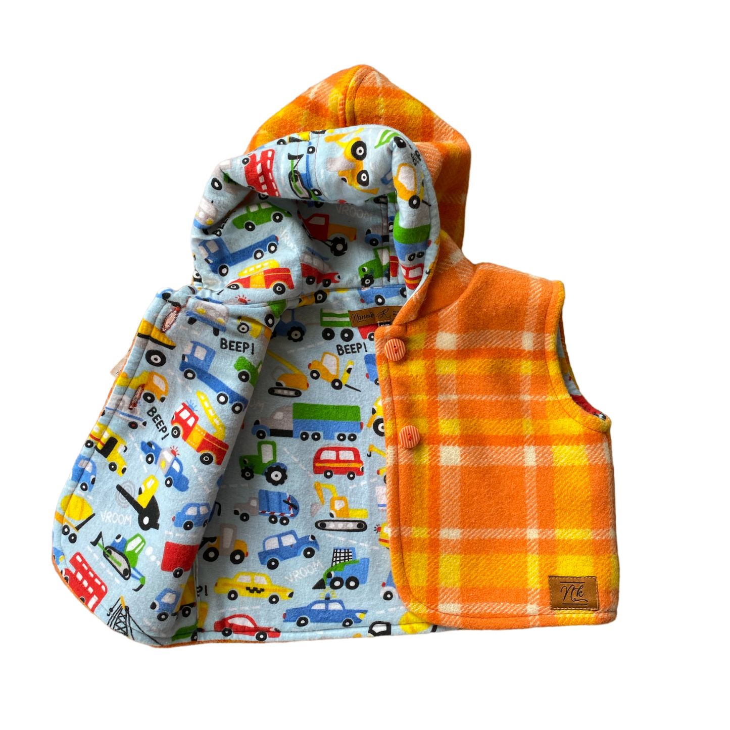 Woollen Baby Vest Orange with Beep! Beep! Cars