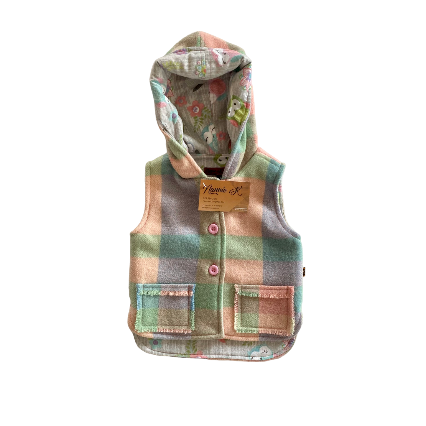 Woollen Vest Pink Purple Check with Owls