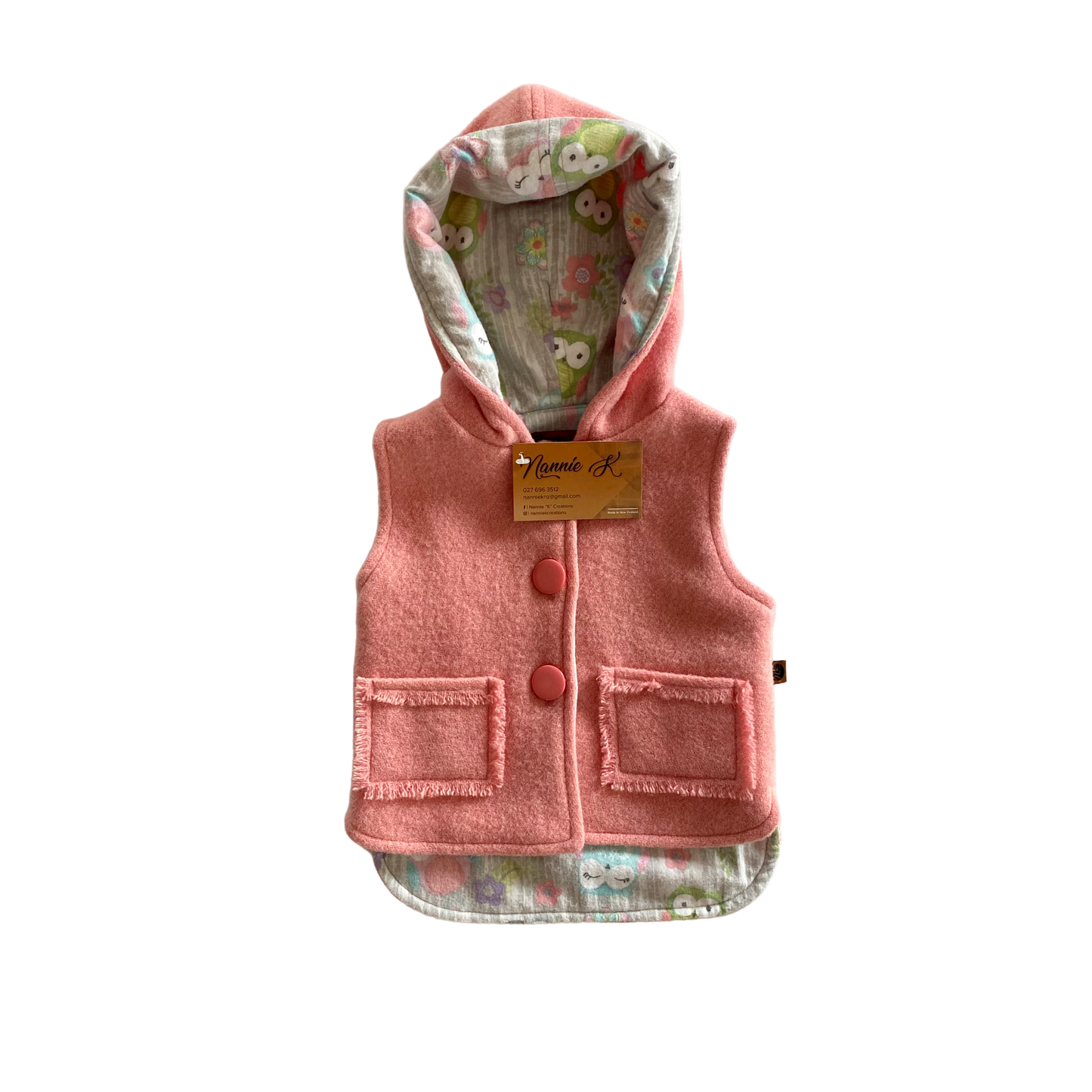 Woollen Vest Pink with Owls