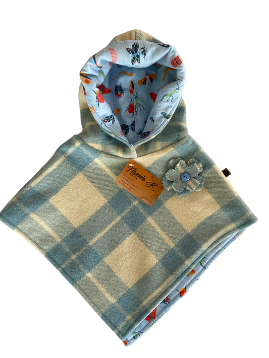 Woollen Poncho Blue Check with Bugs